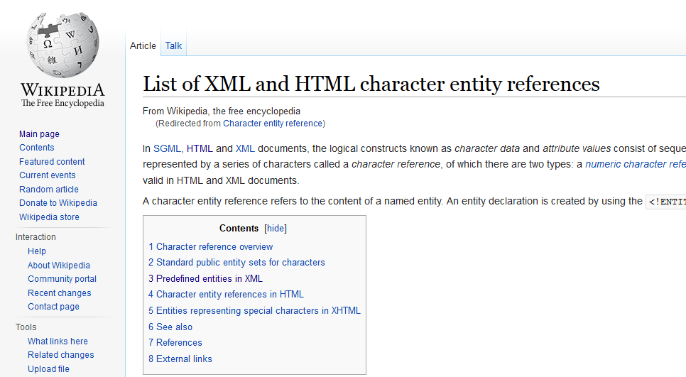 Wikipedia: Character entity reference