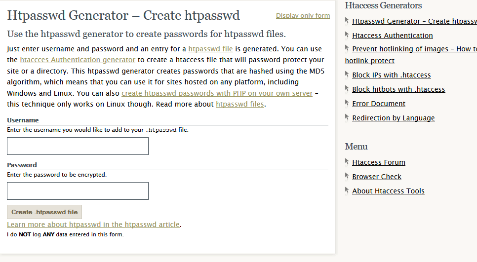 Htaccess Tools: Htpasswd generator