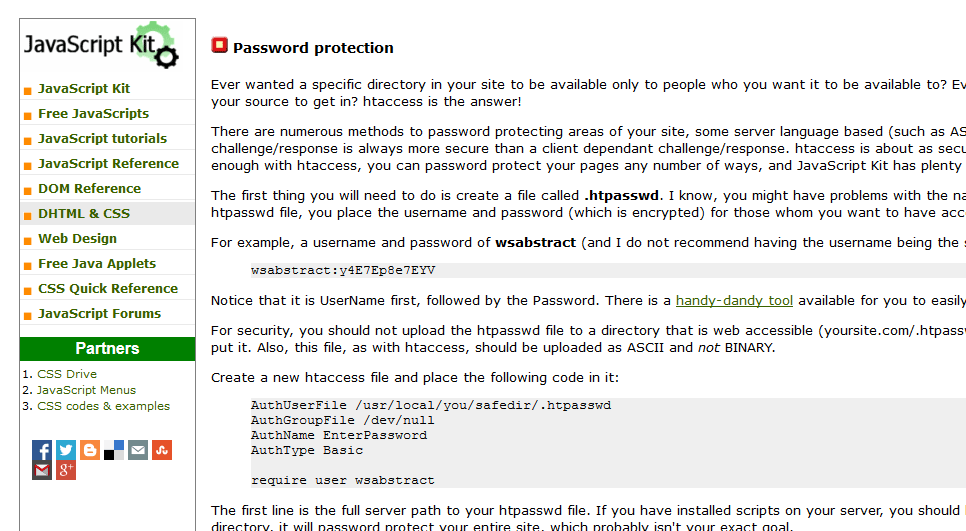 Javascript Kit: Comprehensive guide to .htaccess - Password protection